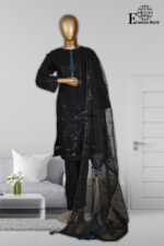 Stitched 3 Piece Organza Black Sequence