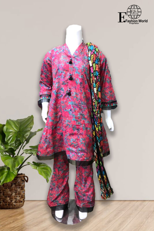 Kids Stitched 3 Piece Red Froke