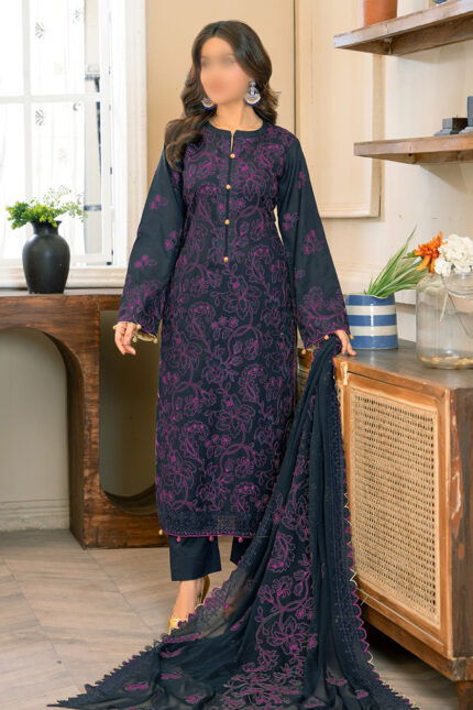 Unstitched 3 Piece Embroidery Bamber Shaffon Embroidery Dupatta