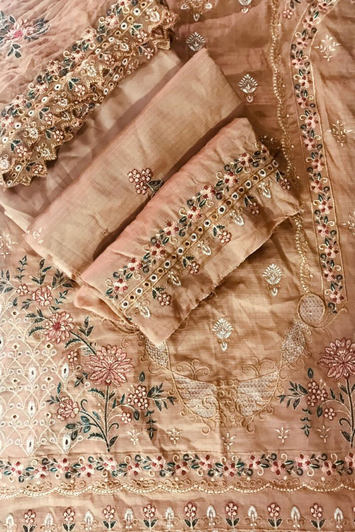 Unstitched 3 Piece Embroidery Bamber Shaffon Embroidery Dupatta