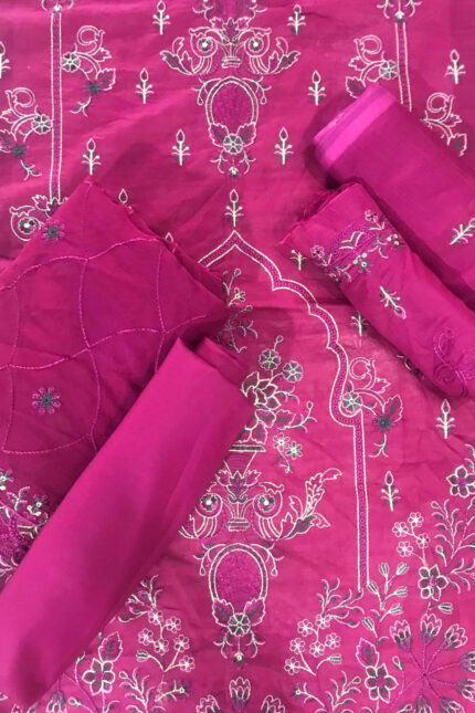 Unstitched 3 Piece Embroidery Bamber Shaffon Embroidery Dupatta