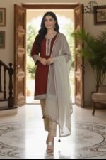 Fashion World Design #16 | Maroon Stitched 2 Piece | Cotton Raw Silk Suit | Dull Gold Zari Embroidery | Khaddi Net Dupatta