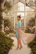 3D Flower Organza Embroidered Suit | Stitched 3 Piece | Handwork | Net Dupatta | Banarsi Zari Trouser | Light Sea Green - Image 2