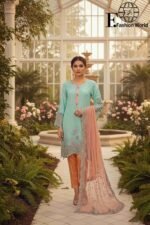 3D Flower Organza Embroidered Suit | Stitched 3 Piece | Handwork | Net Dupatta | Banarsi Zari Trouser | Light Sea Green - Image 3