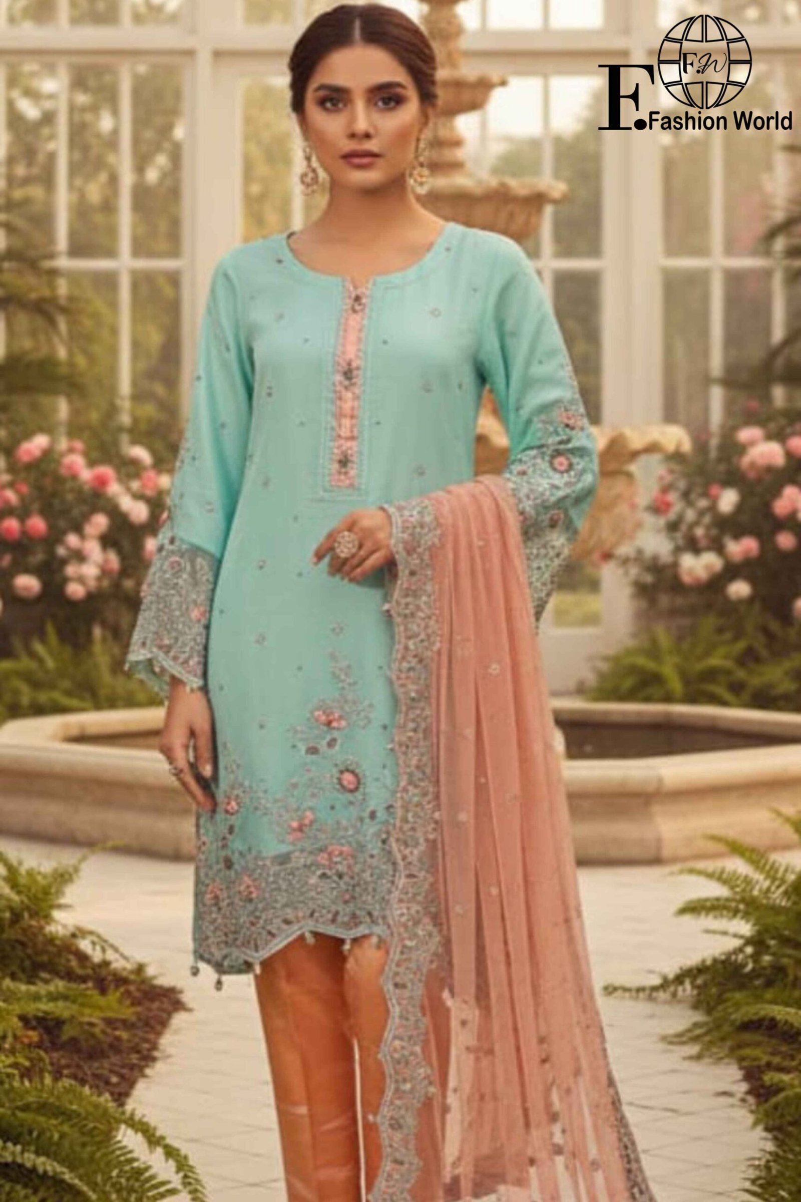 3D Organza Flower Embroidery Stitched 3Pc 3D Flower Organza Embroidered Suit | Stitched 3 Piece | Handwork | Net Dupatta | Banarsi Zari Trouser | Light Sea Green - Image 1