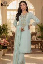 Luxury Sky Blue Organza Embroidered Suit – stitched 3 Piece | Handwork Cora Dapka & Stone Detailing | Cotton Silk Trouser