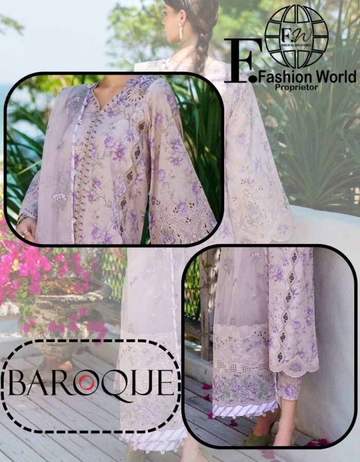 Baroque Chikankari Embroidered Digital Print Lawn 3 Piece Suit - Image 3