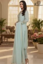 Luxury Sky Blue Organza Embroidered Suit – stitched 3 Piece | Handwork Cora Dapka & Stone Detailing | Cotton Silk Trouser - Image 3