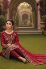 Luxury Red Organza Embroidered-Sitiched 3-Piece Suit | Heavy Embroidered With Pearl Handwork | Wedding Outfit - Image 3