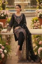 Luxury Black Organza Embroidered-Sitiched 3-Piece Suit | Heavy Embroidered With Stone Handwork | Wedding Outfit - Image 4