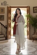 Fashion World Design #16 | Maroon Stitched 2 Piece | Cotton Raw Silk Suit | Dull Gold Zari Embroidery | Khaddi Net Dupatta - Image 4