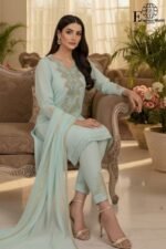Luxury Sky Blue Organza Embroidered Suit – stitched 3 Piece | Handwork Cora Dapka & Stone Detailing | Cotton Silk Trouser - Image 4