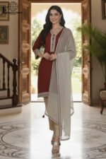 Fashion World Design #16 | Maroon Stitched 2 Piece | Cotton Raw Silk Suit | Dull Gold Zari Embroidery | Khaddi Net Dupatta - Image 3