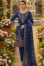 Luxury Navy Blue Organza Embroidered-Stitched 3-Piece Suit | Heavy Embroidered With Stone Handwork | Wedding Outfit