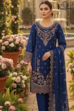 Luxury Navy Blue Organza Embroidered-Stitched 3-Piece Suit | Heavy Embroidered With Stone Handwork | Wedding Outfit - Image 2