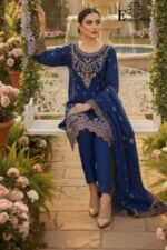 Luxury Navy Blue Organza Embroidered-Stitched 3-Piece Suit | Heavy Embroidered With Stone Handwork | Wedding Outfit - Image 3
