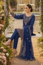 Luxury Navy Blue Organza Embroidered-Stitched 3-Piece Suit | Heavy Embroidered With Stone Handwork | Wedding Outfit - Image 4