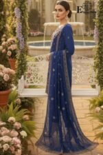 Luxury Navy Blue Organza Embroidered-Stitched 3-Piece Suit | Heavy Embroidered With Stone Handwork | Wedding Outfit - Image 5