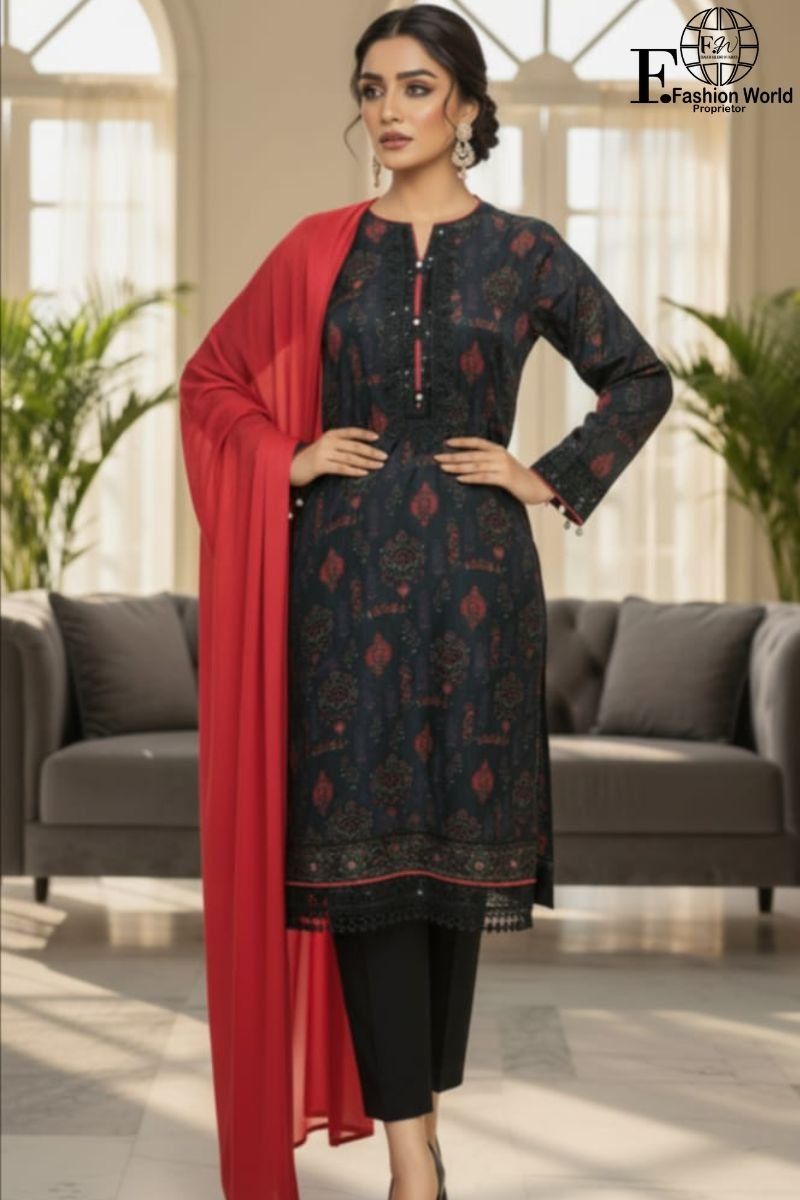 Organza Printed Embroidered Stitched 3 Piece (1) Fashion World Black & Red Printed Organza Embroidered Suit | Stitched 3 Piece | Appliqué & Button Work | Silk Chiffon Dupatta - Image 1
