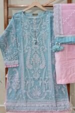 Fashion World Design #25 | Sky Blue & Pink Stitched 3 Piece | Luxury Sequin Embroidered Organza Suit | Pearl Work | Cutwork Dupatta - Image 3