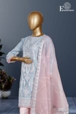 Fashion World Design #25 | Sky Blue & Pink Stitched 3 Piece | Luxury Sequin Embroidered Organza Suit | Pearl Work | Cutwork Dupatta - Image 2