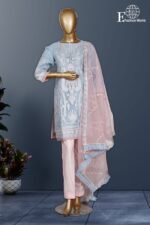 Fashion World Design #25 | Sky Blue & Pink Stitched 3 Piece | Luxury Sequin Embroidered Organza Suit | Pearl Work | Cutwork Dupatta