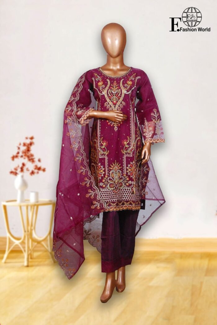 Organza Beautiful Handwork Stitched 3 Peice Raw Silk - Image 1