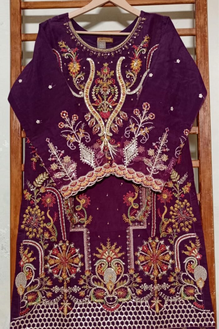 Organza Beautiful Handwork Stitched 3 Peice Raw Silk - Image 3
