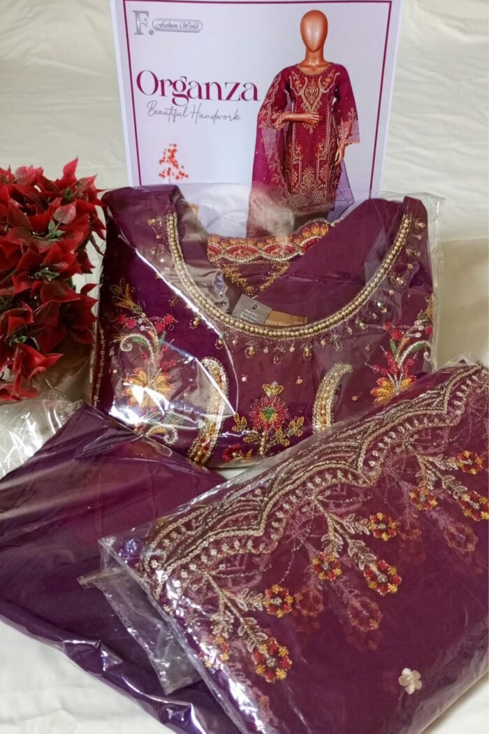 Organza Beautiful Handwork Stitched 3 Peice Raw Silk - Image 2