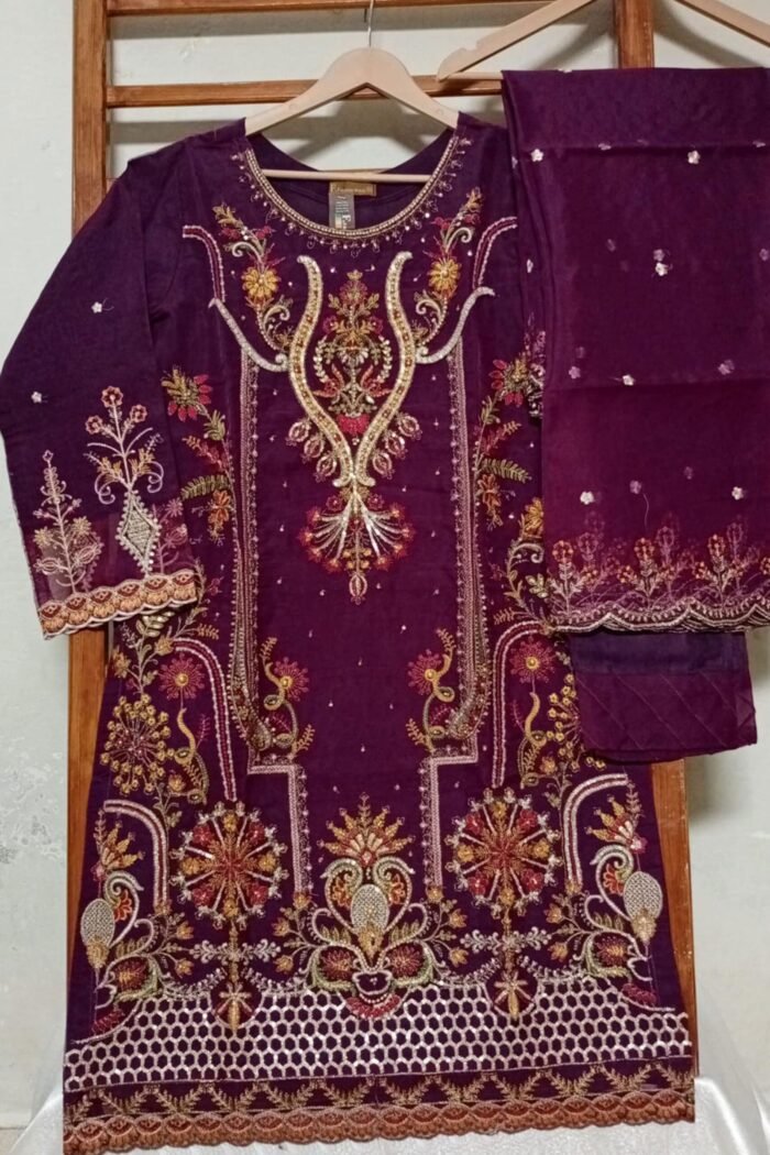 Organza Beautiful Handwork Stitched 3 Peice Raw Silk - Image 4