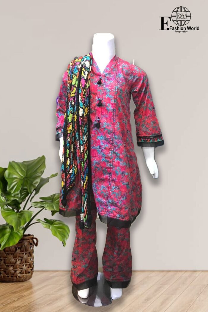 Kids Stitched 3 Piece Red Froke - Image 1