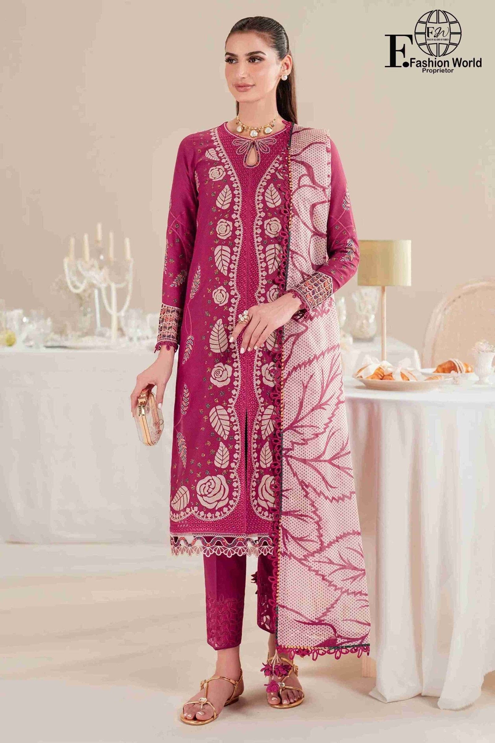 JAZMIN JAZMIN Designer Cambric Lawn Wedding Unstitched 3-Piece Lawn embroidered Suit D#528 - Image 1