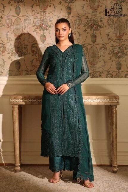 JUGNU- Heavy Embroiderd Luxury 3 Piece Unstitched Suit With Plain Dyed Trouser