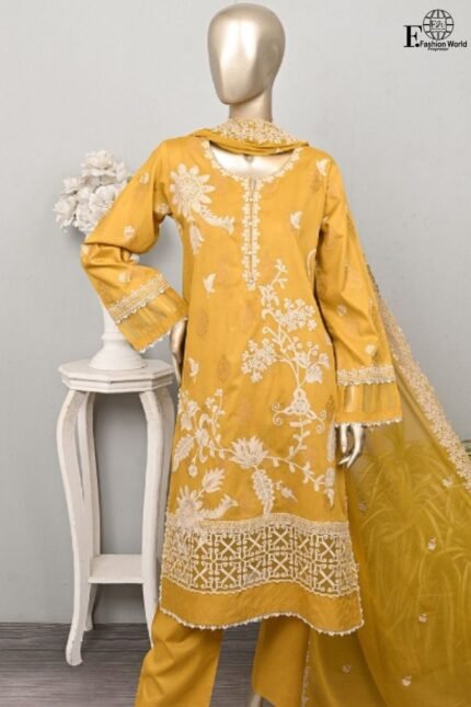 Serafina Air Dot SC-446A Unstitched 3 Piece Embroidered Jacquard Cambric Suit with Chiffon Dupatta – Peach by RivaJ | Premium Lawn Collection