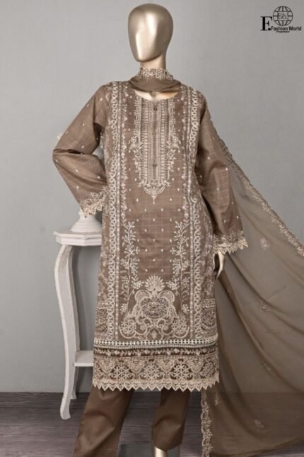 Serafina Noor Jahan SC-437B Unstitched 3 Piece Embroidered Jacquard Cambric Suit with Chiffon Dupatta – Peach by RivaJ | Premium Festive Collection