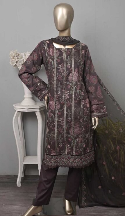 Peach by Rivaaj Mahrose Serafina Series SC-296A – 3-Piece Unstitched Embroidered Cotton Slub Suit with Chiffon Dupatta