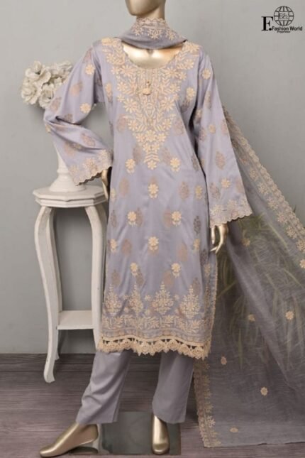 Peach by Rivaaj Serafina Sanjeda SC-438D Unstitched 3 Piece Embroidered Jacquard Cambric Suit with Chiffon Dupatta – Lavender Formal Wear