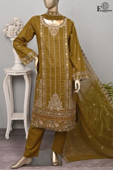 Peach by Rivaaj Serafina Nisa SC-440A Unstitched 3 Piece Embroidered Jacquard Cambric Suit with Chiffon Dupatta – Brown Formal Collection