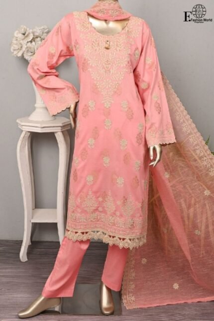 Peach by Rivaaj Serafina Sanjeda SC-438B Unstitched 3 Piece Embroidered Jacquard Cambric Shirt with Chiffon Dupatta – Peach Festive Collection